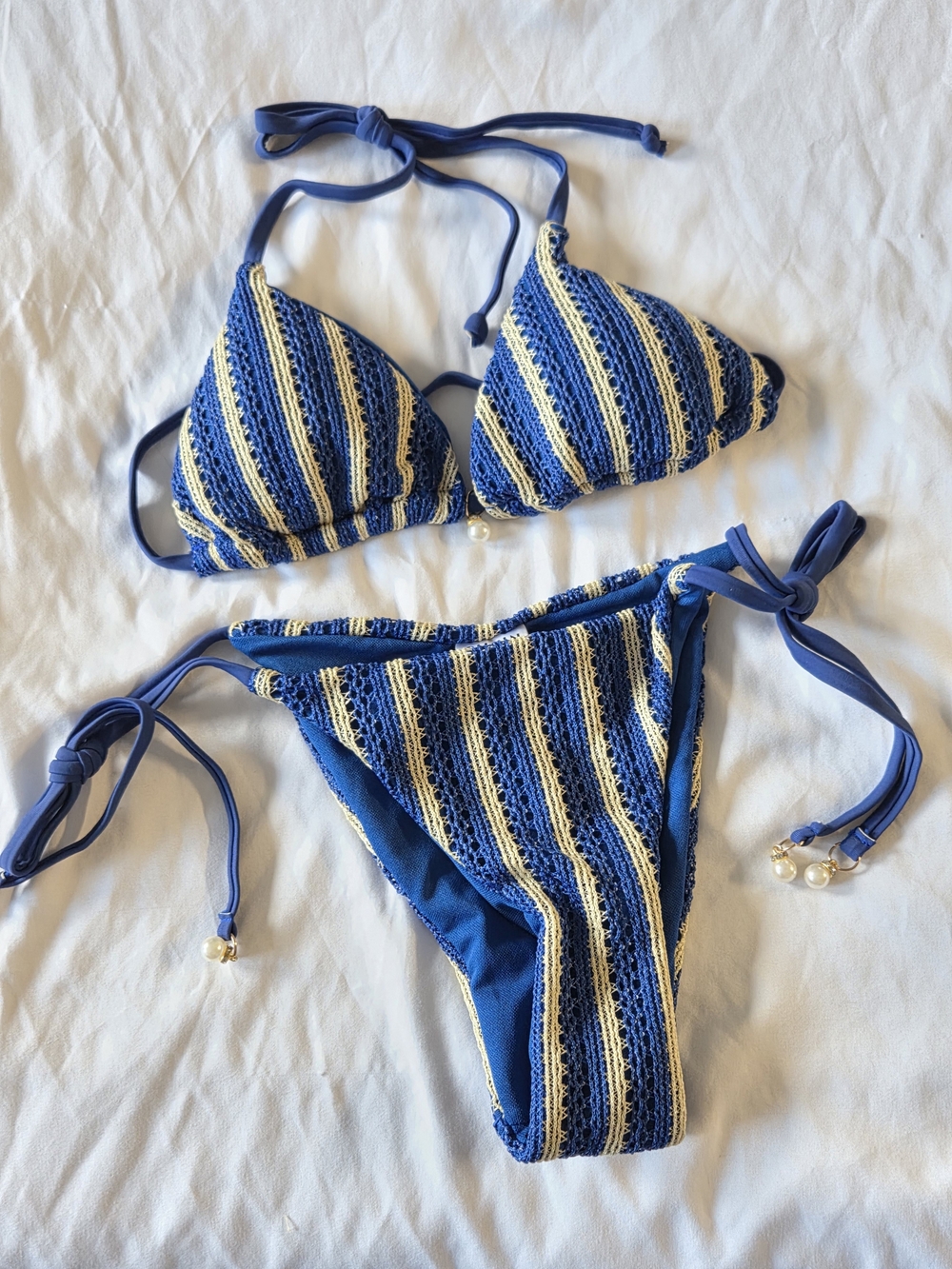 SHEIN Women's Blue & Beige Striped Crochet Bikini - S